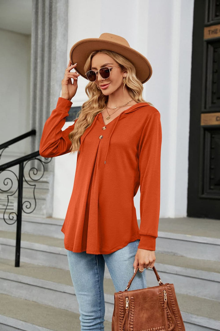 Hooded drawstring tunic blouse with button placket