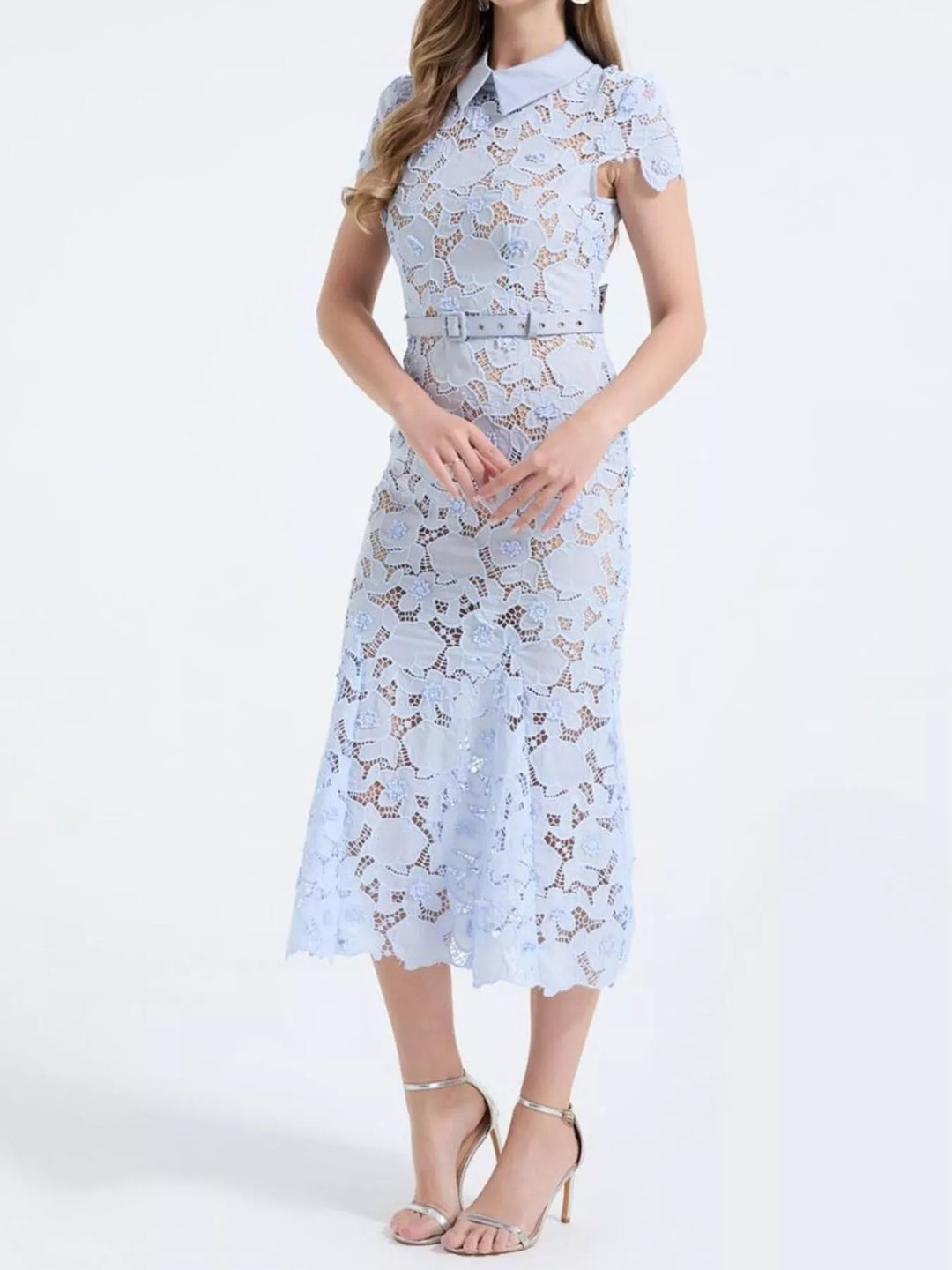 Floral lace midi dress with collar and belted waist