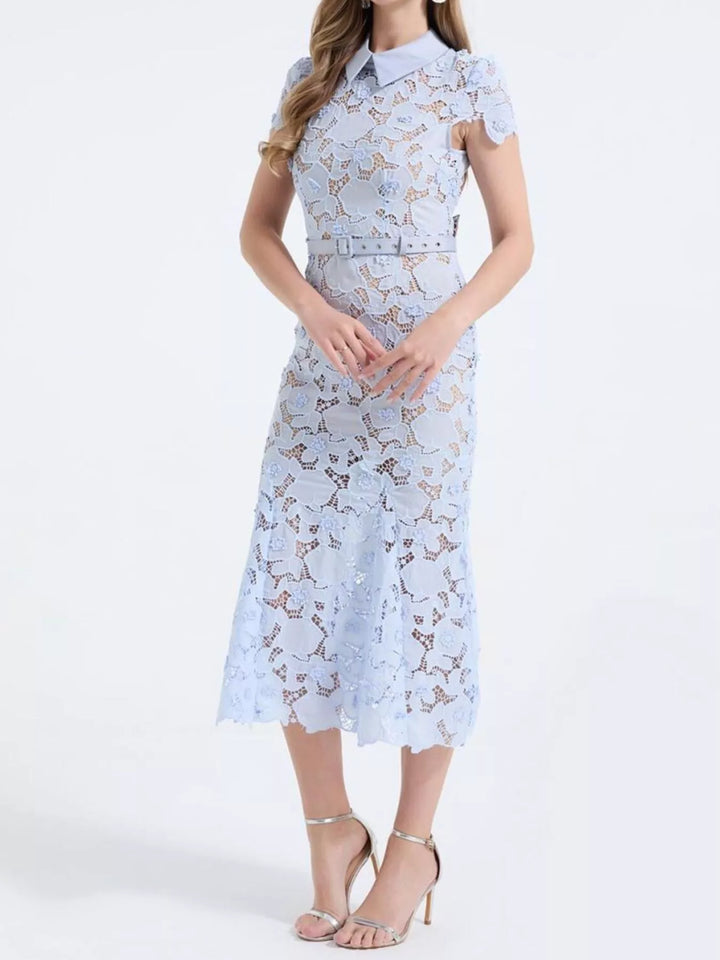 Floral lace midi dress with collar and belted waist