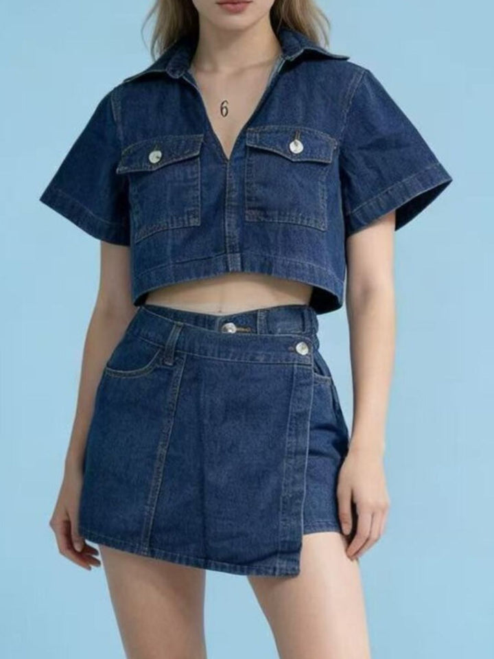 Cropped denim button-up top and mini skort set
