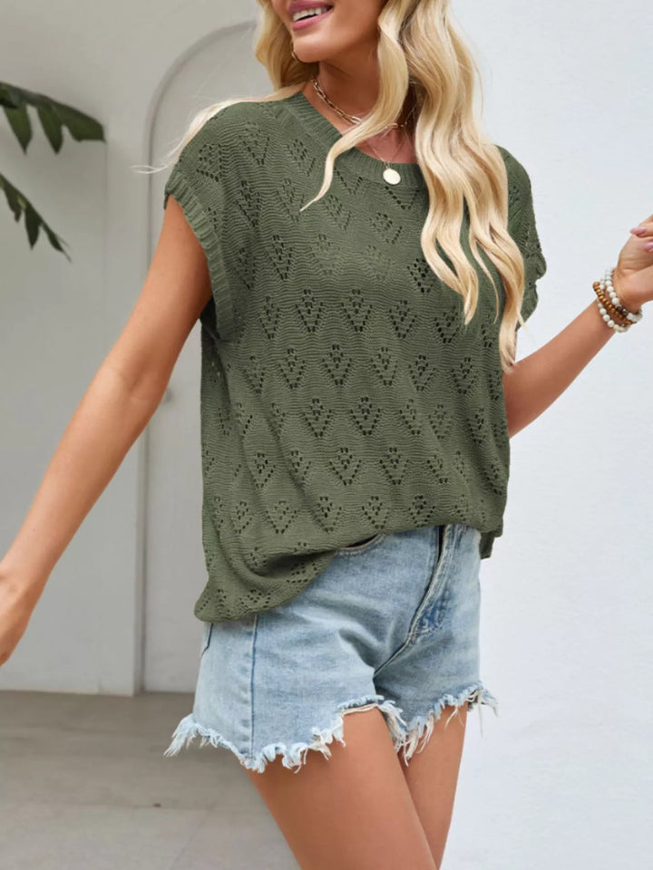 Green Openwork pointelle knit short sleeve top