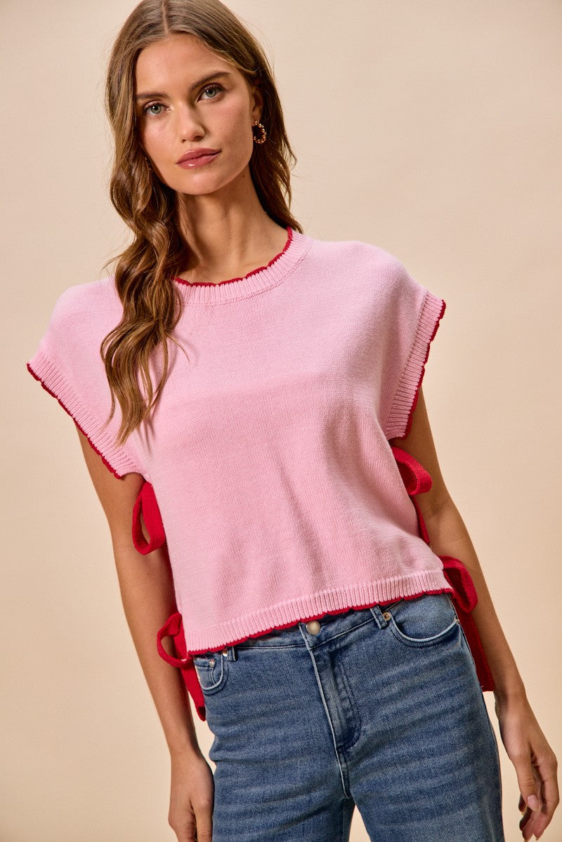 BLUSH/RED Dolman sleeve knit sweater top with side ribbon ties
