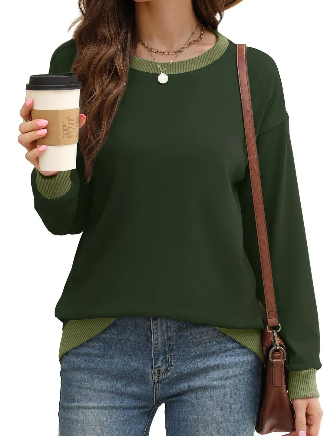 Drop-shoulder crew neck sweatshirt with contrast ribbed trim