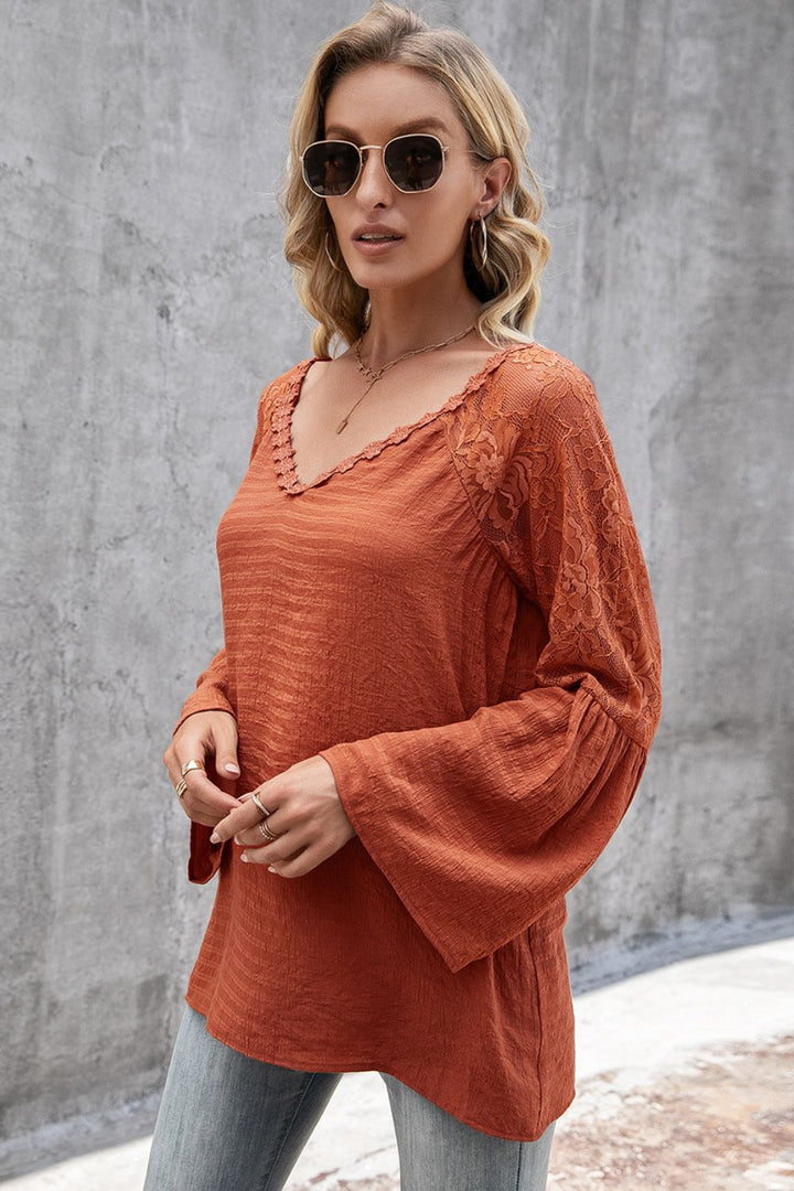 Floral lace panel V-neck bell sleeve top