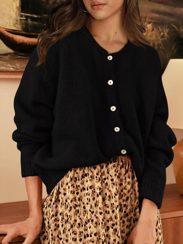 Button-front dropped shoulder knit cardigan