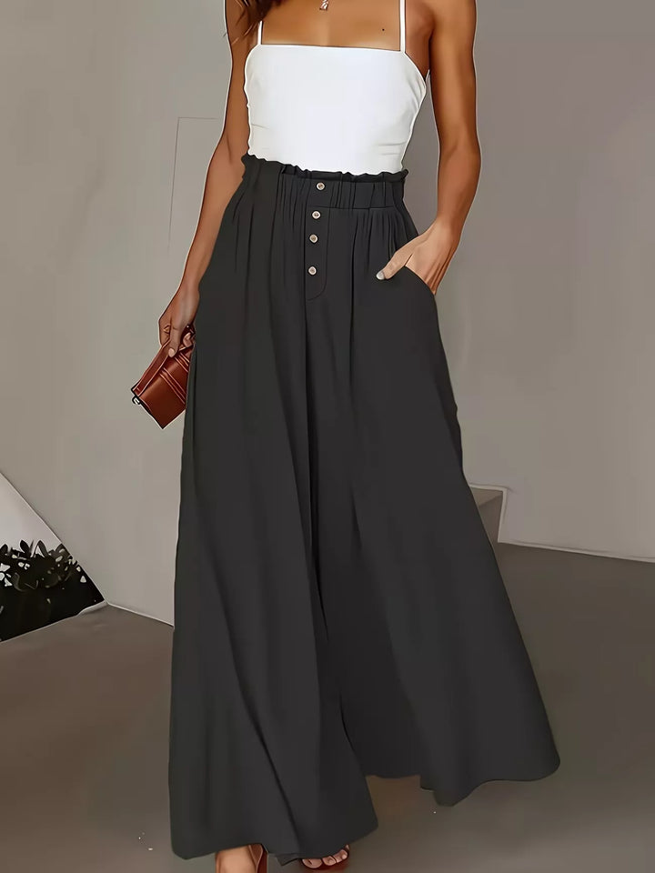Black High-rise paper bag wide-leg pants with button front