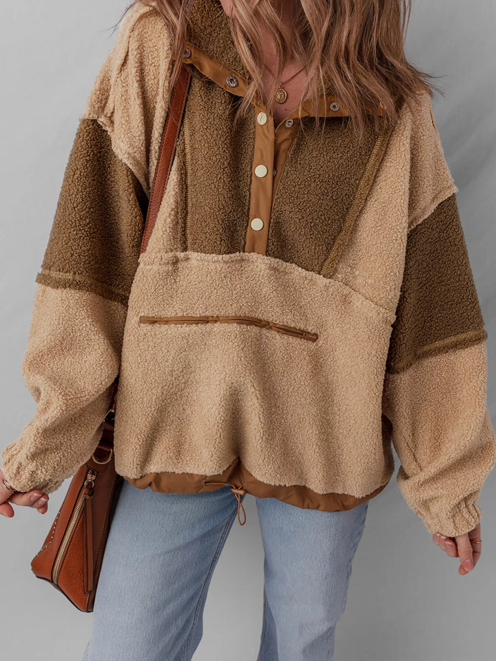 Color block sherpa pullover with half-snap placket