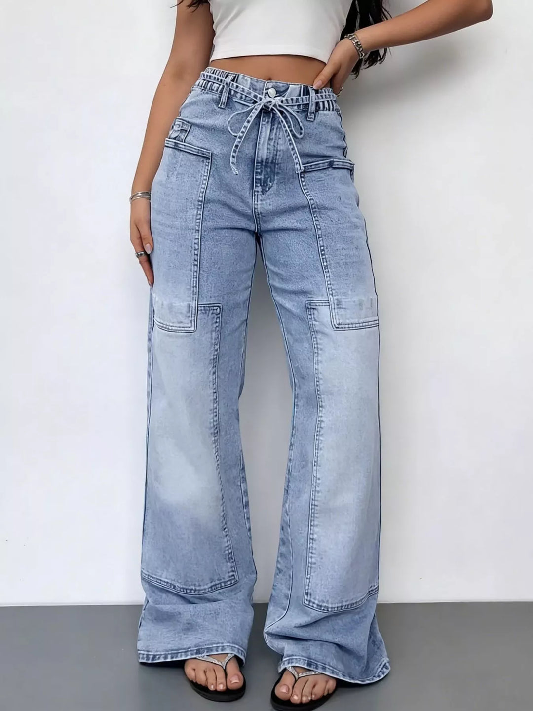 Blue High-rise wide-leg cargo jeans with tie waist