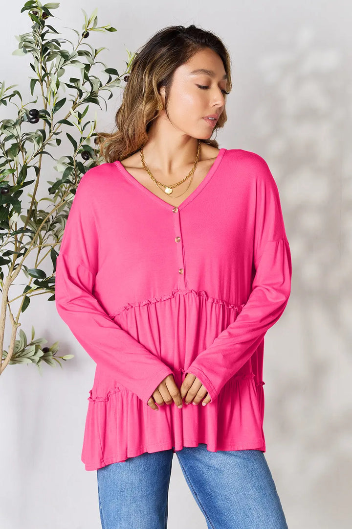Half-button long sleeve blouse with tiered ruffle hem