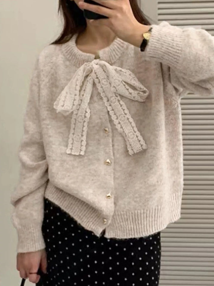 Lace bow knit cardigan with gold heart buttons