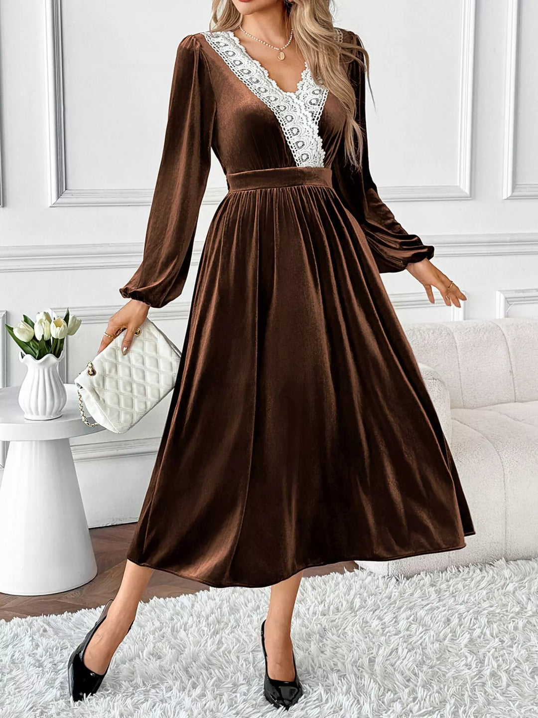 Lace trim velvet midi dress with long puff sleeves