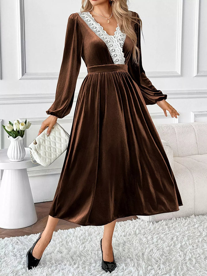 Lace trim velvet midi dress with long puff sleeves