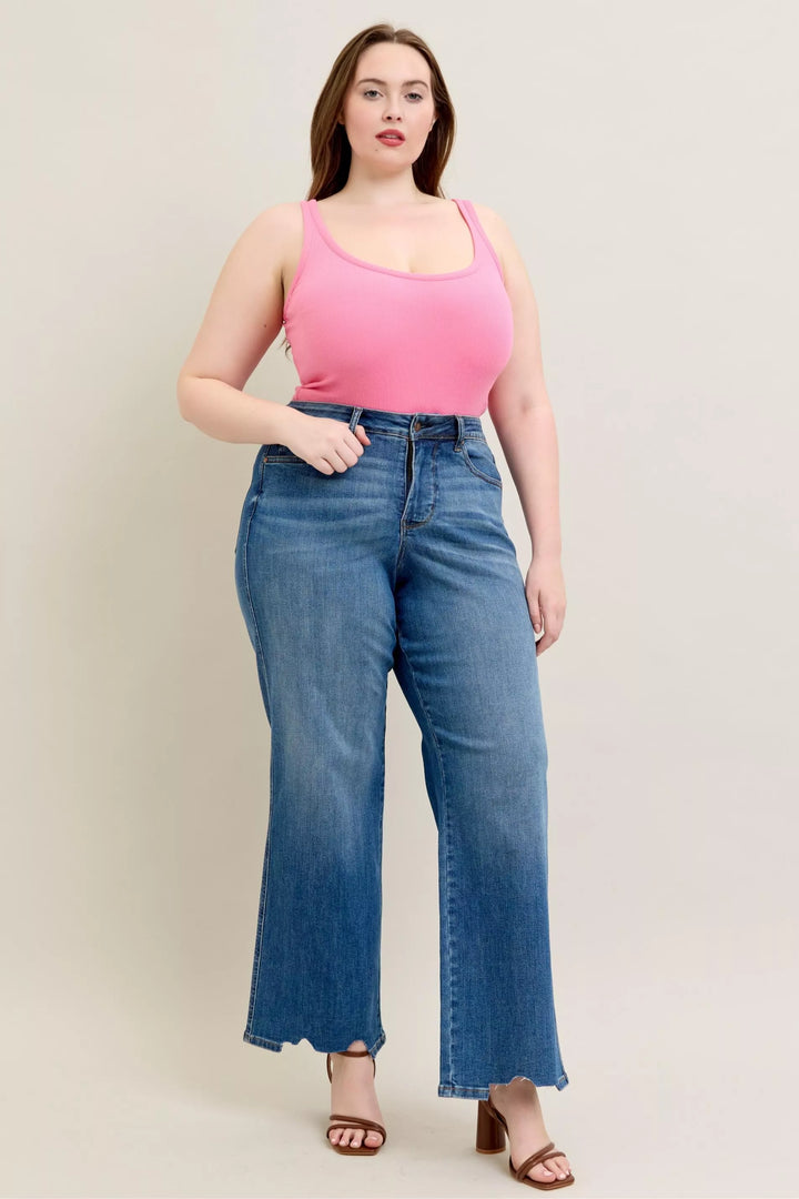 High-rise tummy control wide leg jeans with raw chewed hem