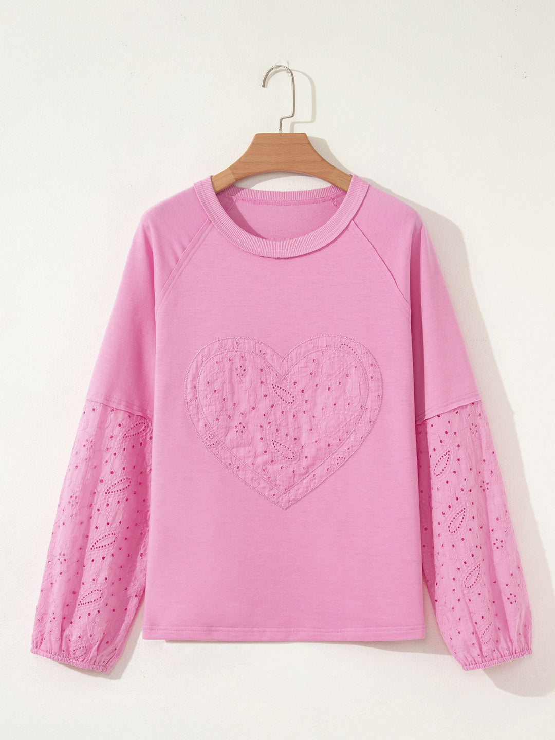 Eyelet lace heart patch long sleeve pullover top