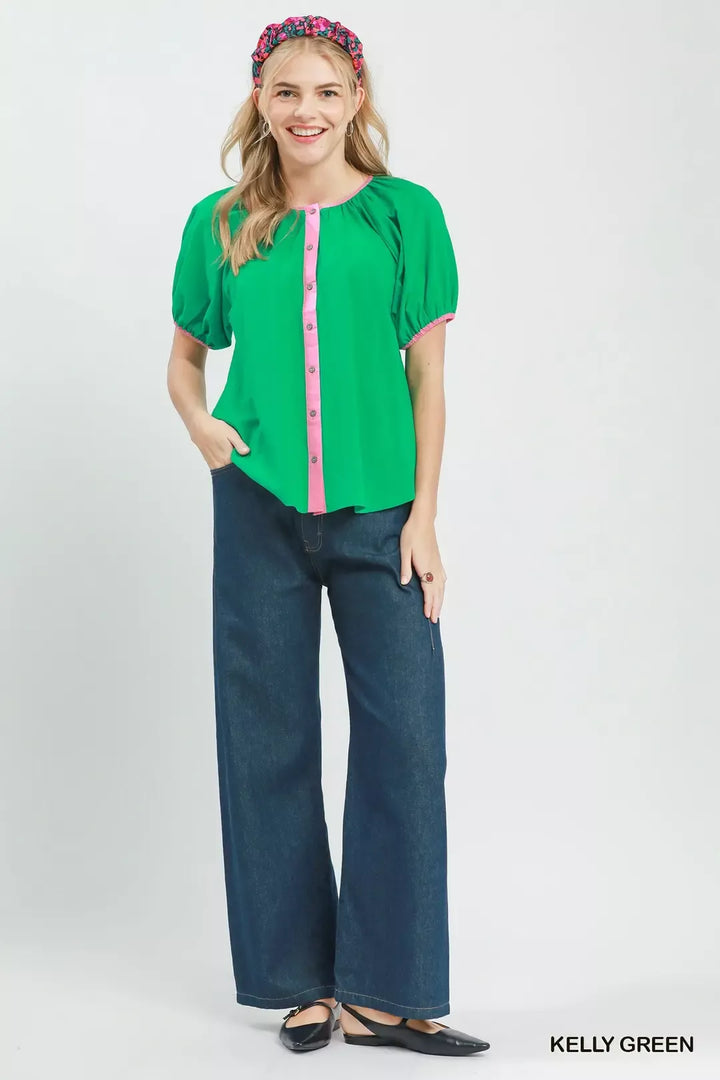 Contrast trim button-front puff sleeve cotton blouse