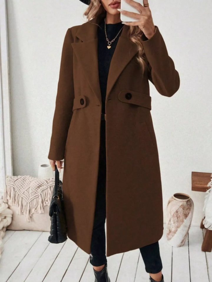 Brown Notched lapel belted longline coat with side pockets