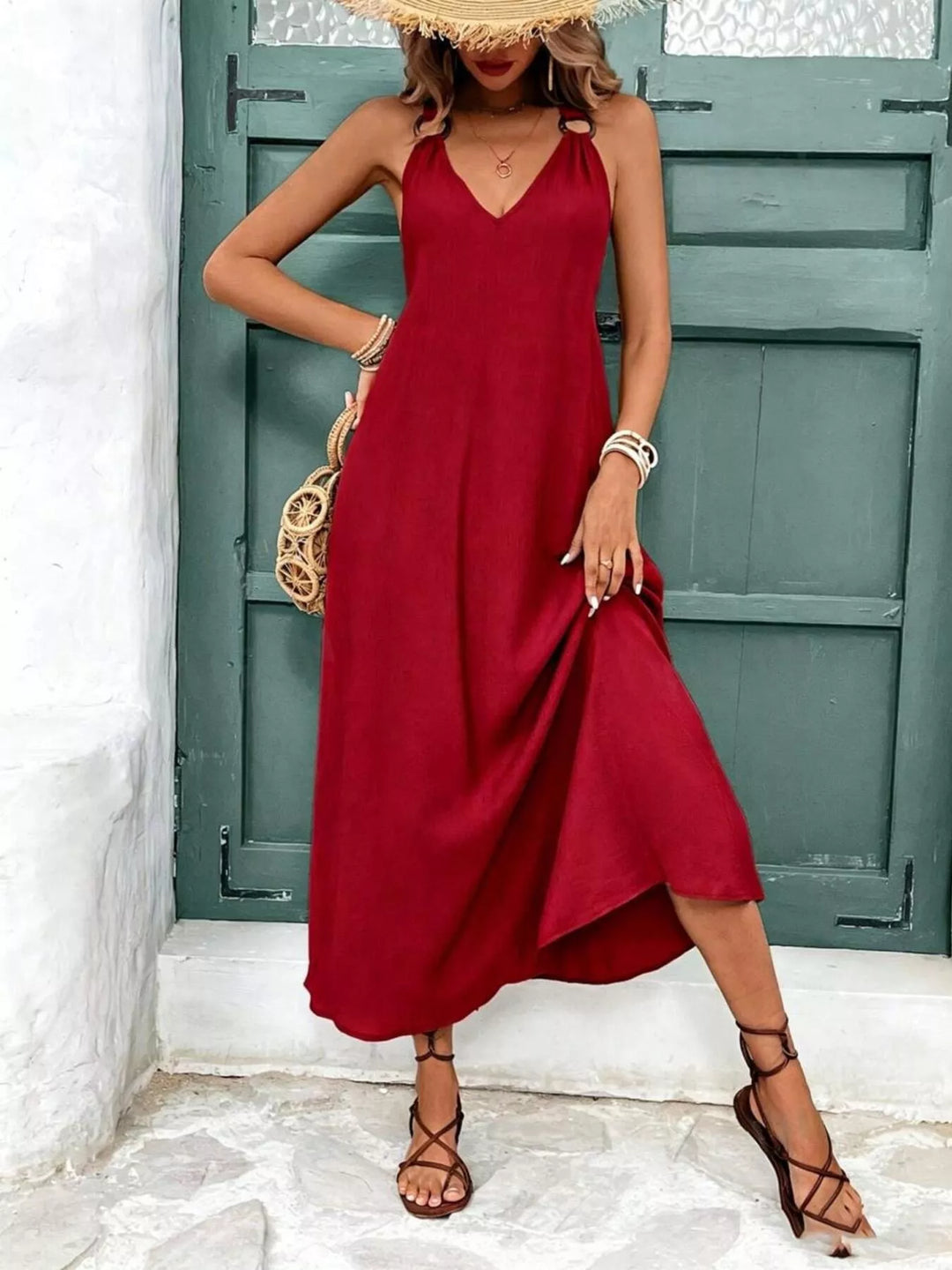 Ring-strap V-neck sleeveless flowy maxi dress