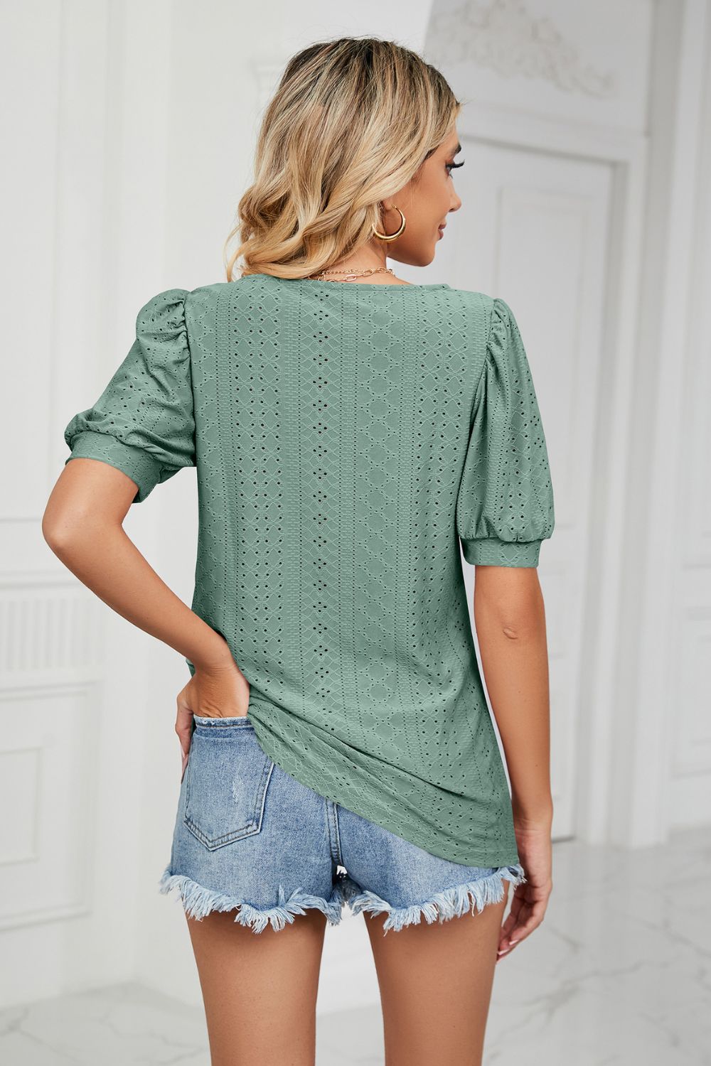 Eyelet puff sleeve top with scoop neckline