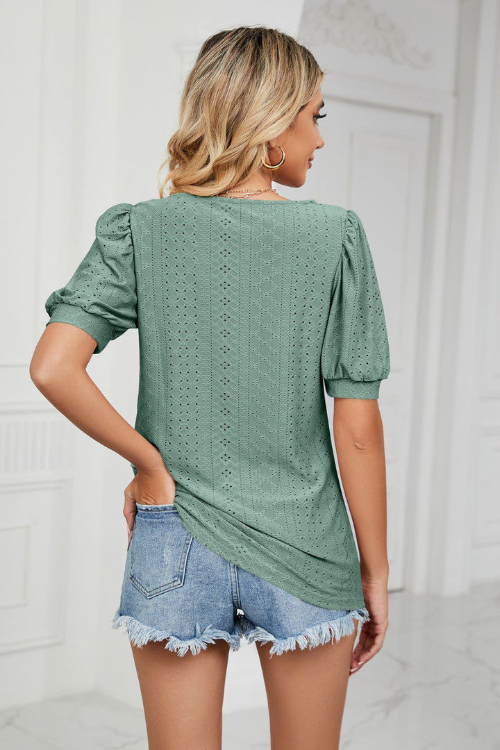 Eyelet puff sleeve top with scoop neckline