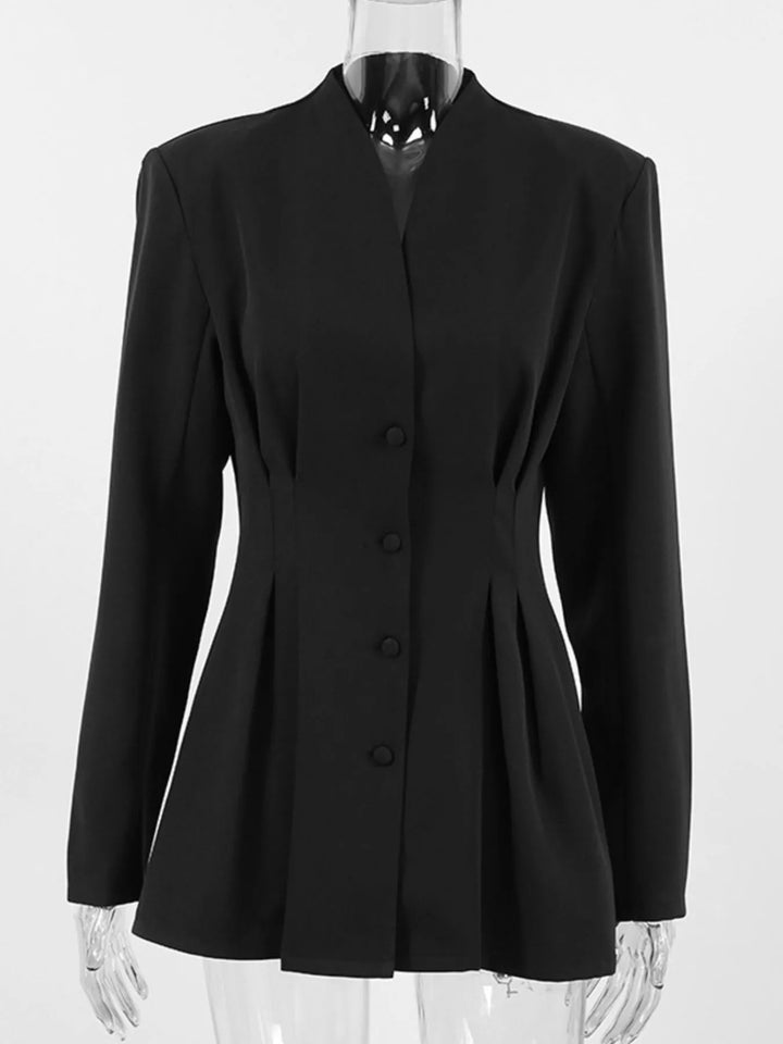 Collarless button-front jacket with cinched pleated waist