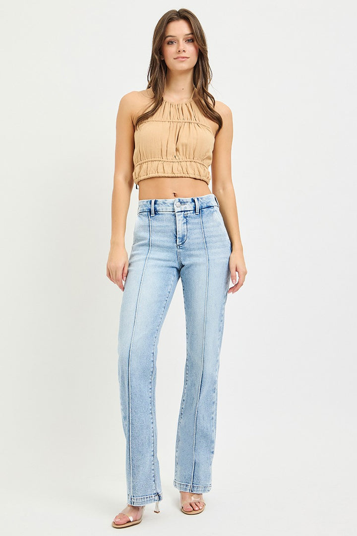 Pin tuck high rise straight leg jeans with tummy control