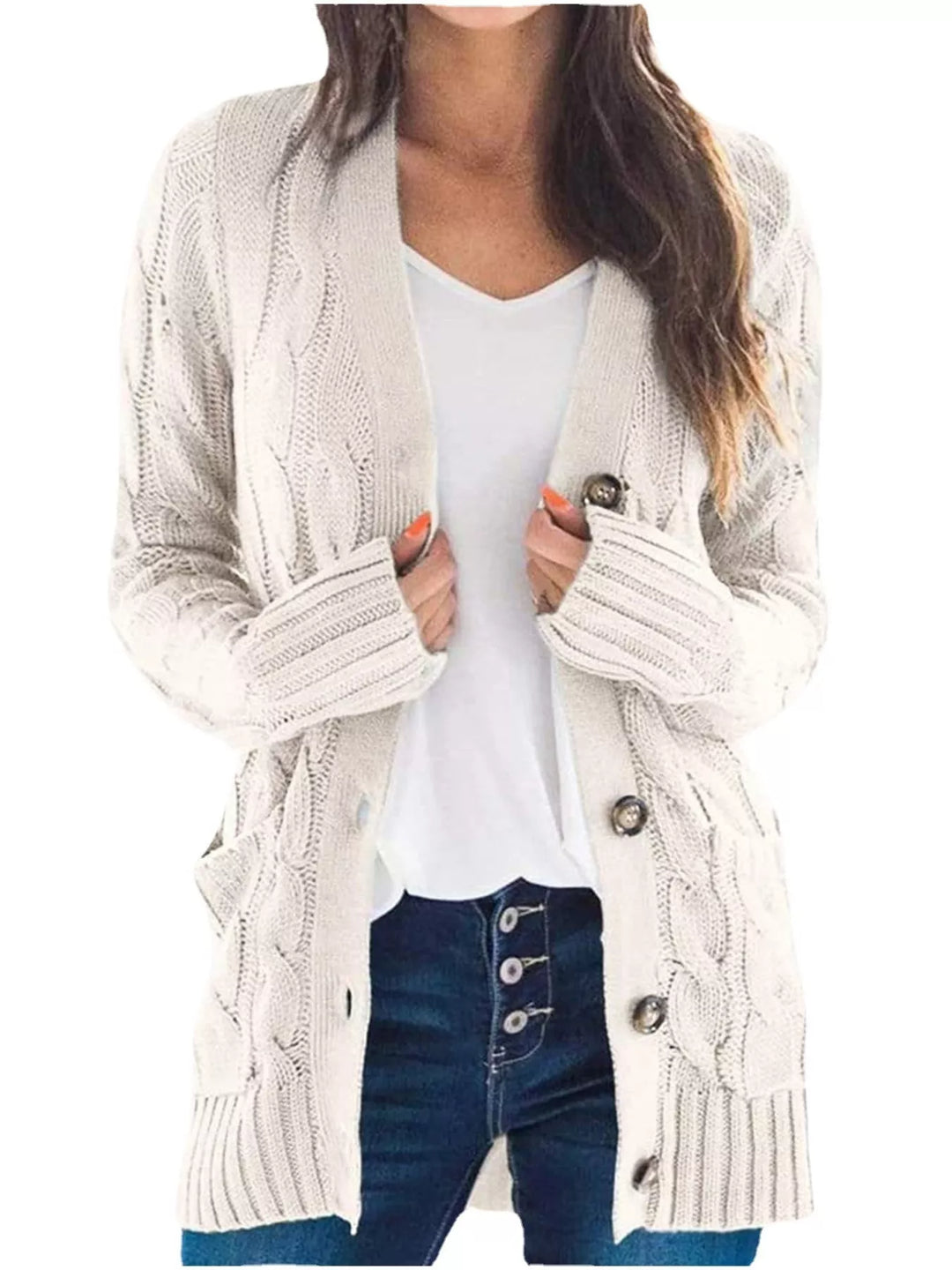 Cream Chunky cable knit button-down cardigan with pockets