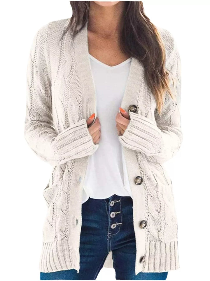 Cream Chunky cable knit button-down cardigan with pockets