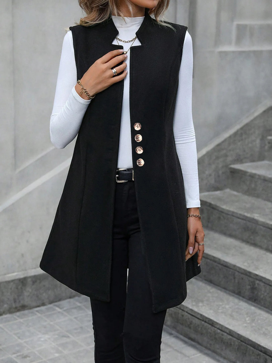 Longline sleeveless vest coat with button front