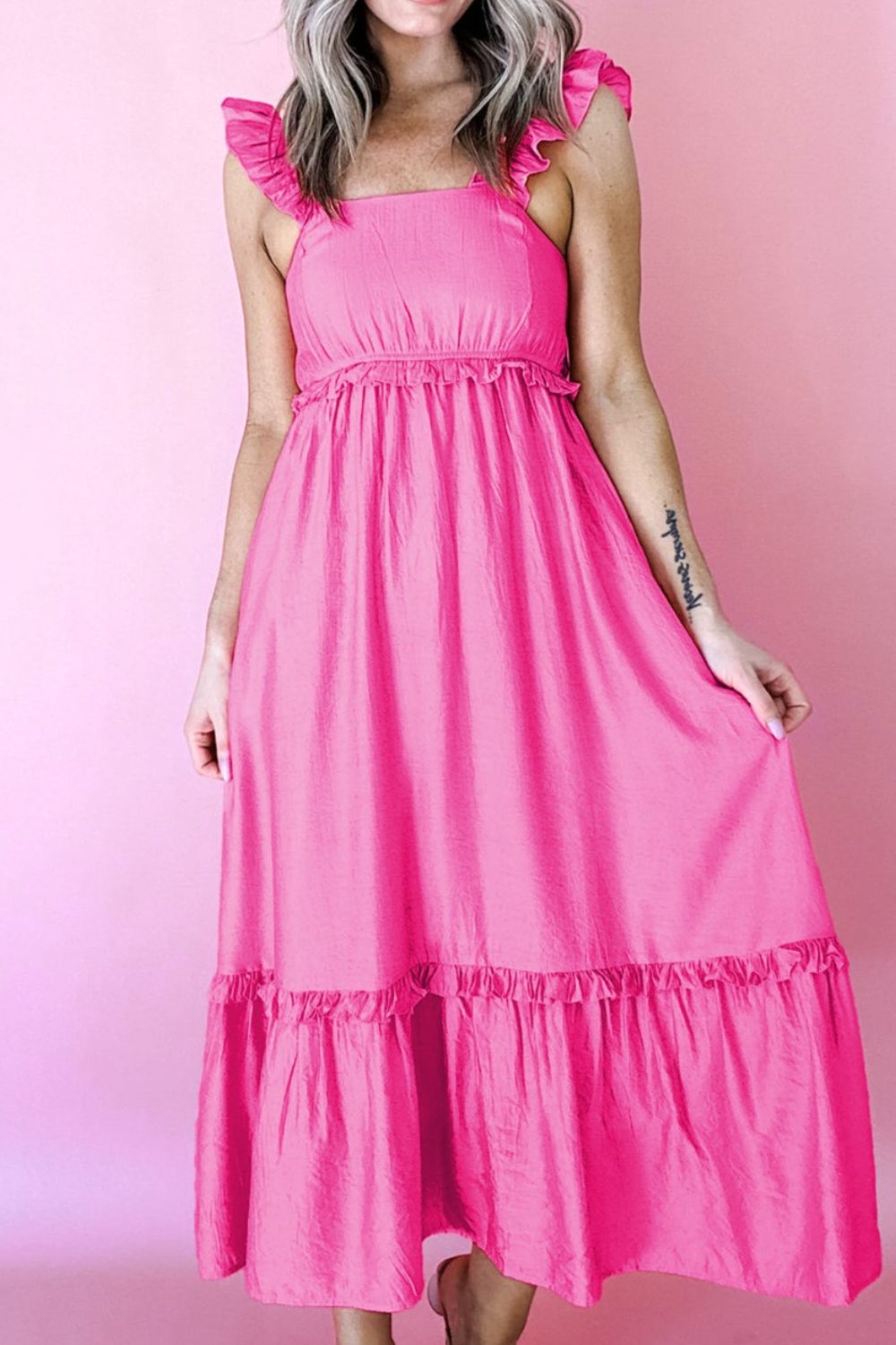 Ruffle strap tiered maxi dress with square neckline