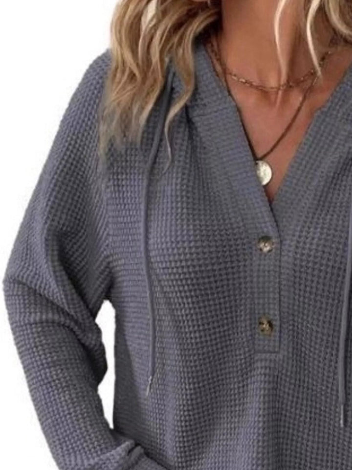 Button-detail waffle knit hoodie with drawstring hood