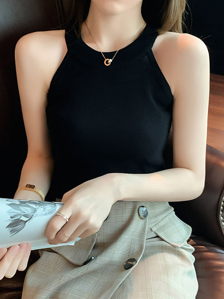 Ribbed knit sleeveless tank with high round neck