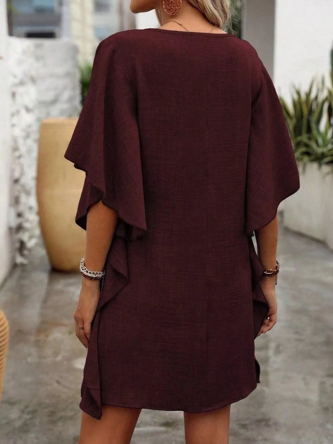 Flutter sleeve V-neck relaxed mini shift dress