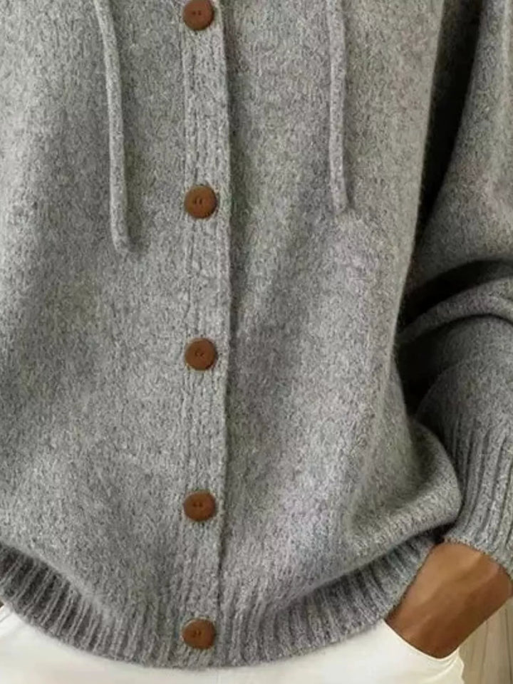 Hooded button-down knit cardigan with drawstring