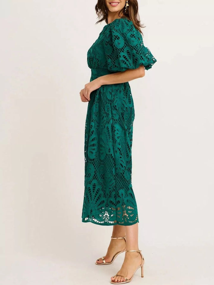 Crochet lace puff sleeve midi dress with scalloped hem