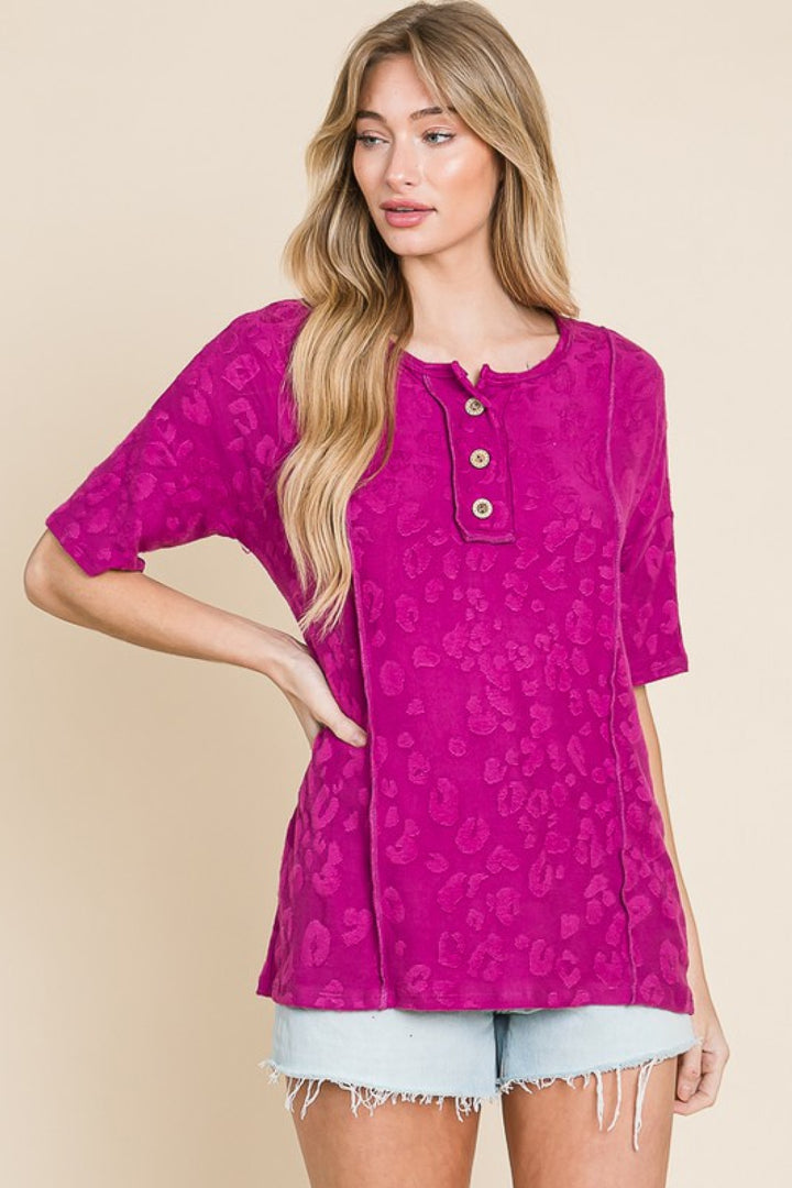 Textured leopard henley top with wooden buttons