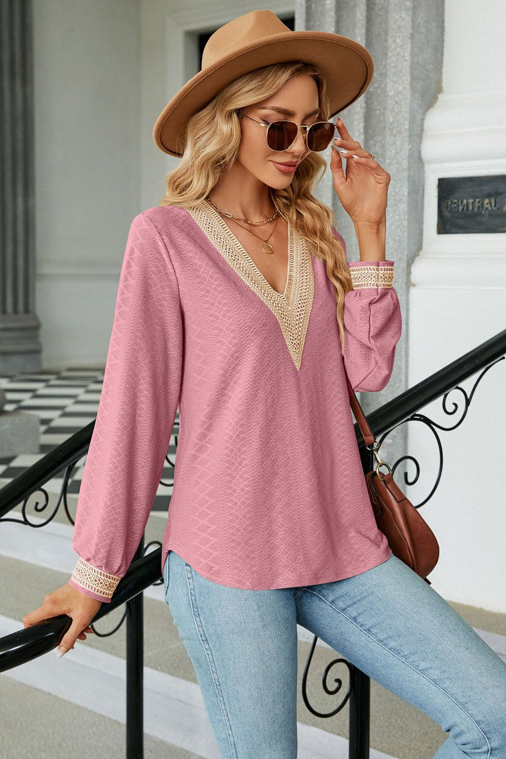 Textured crochet lace V-neck long sleeve blouse