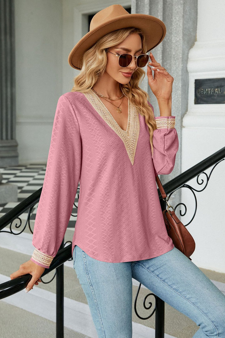 Textured crochet lace V-neck long sleeve blouse