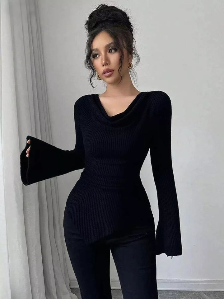 Black Cowl neck ribbed knit top with flare sleeves