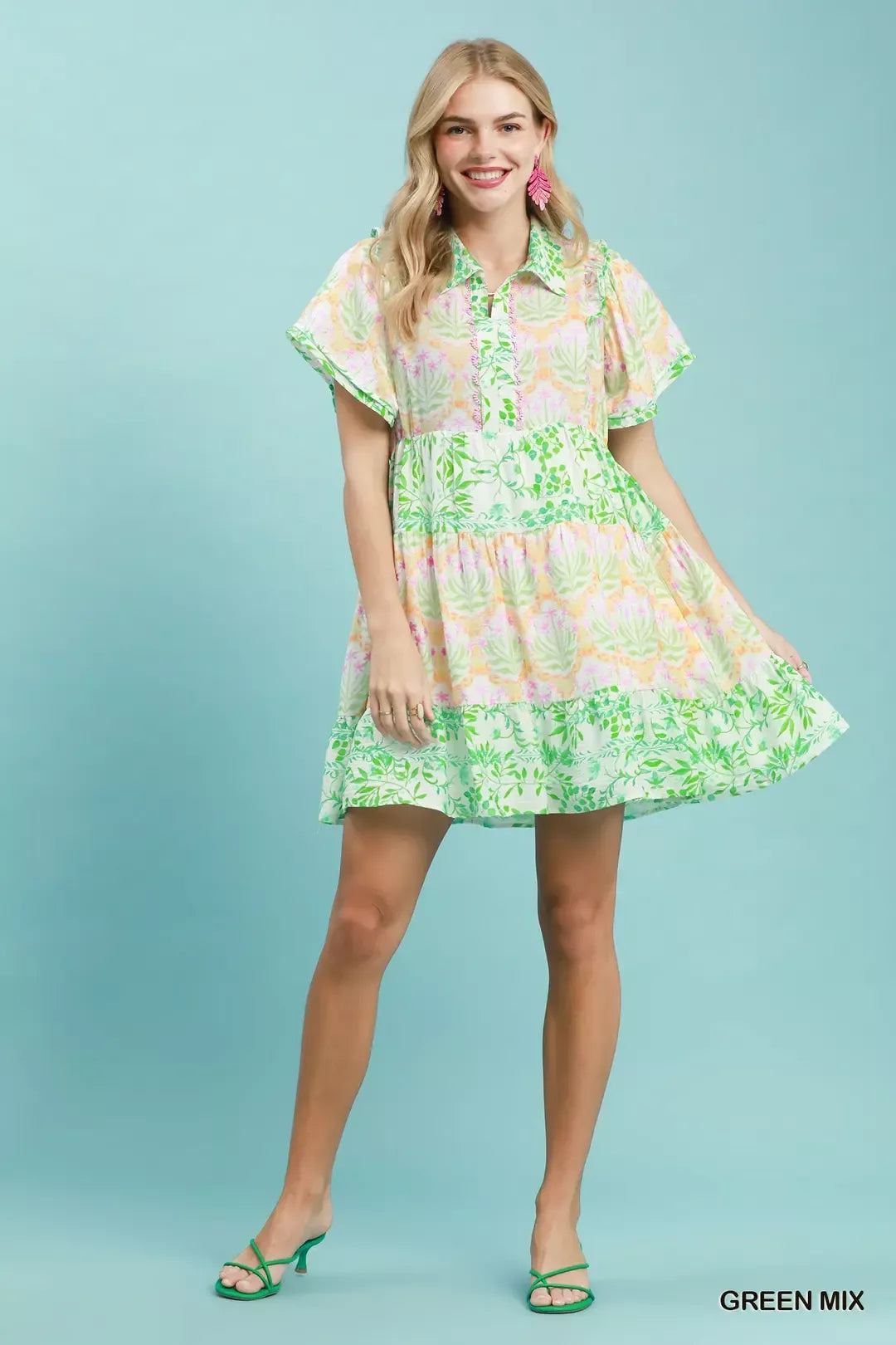 Mixed floral tiered mini shirtdress with flutter sleeves