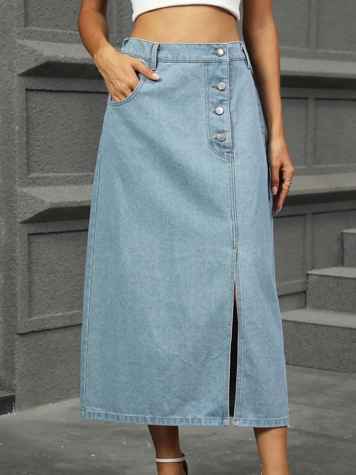 Medium Asymmetrical button-detail denim midi skirt with front slit