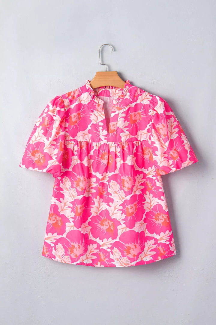 Floral bubble sleeve babydoll blouse with ruffle neckline