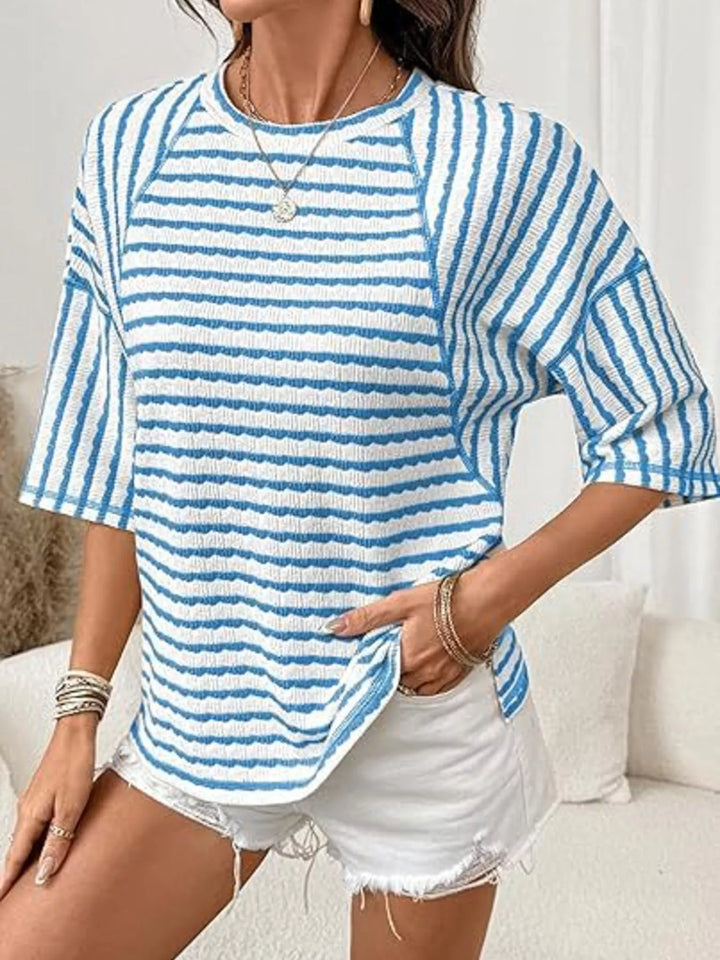 Light Blue Striped ribbed knit short sleeve crew neck top