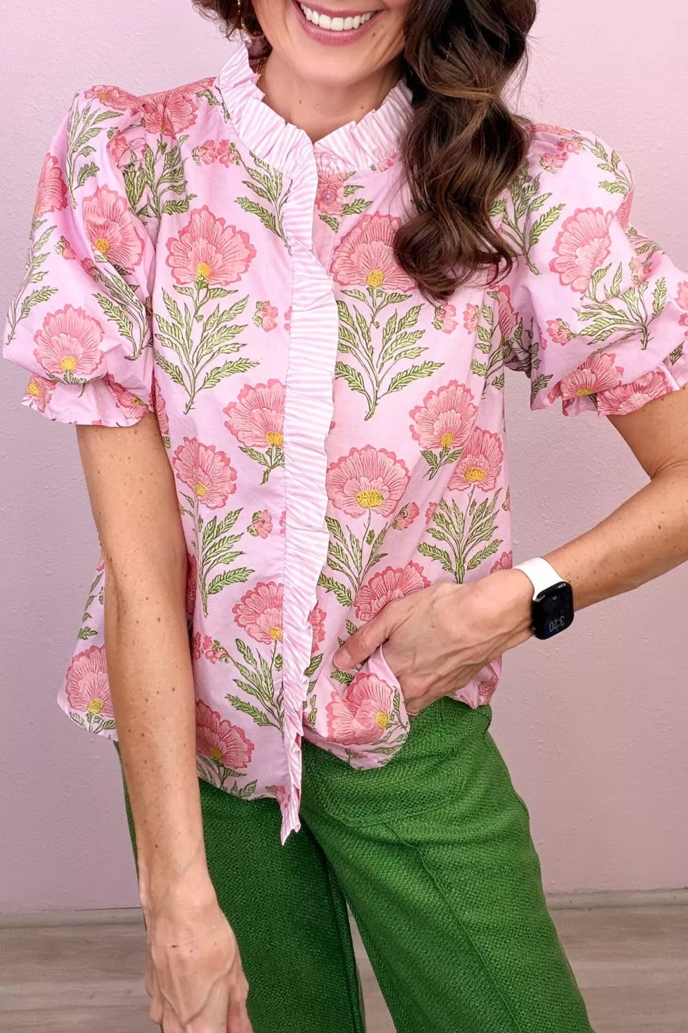 Floral puff sleeve button-front blouse with ruffle trim