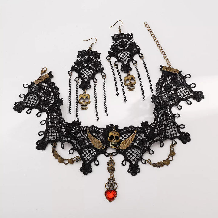 Lace skull choker necklace and drop earrings jewelry set