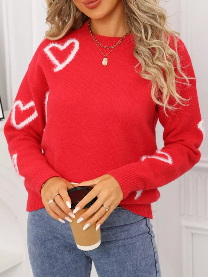 Fuzzy heart crew neck sweater with ribbed trim