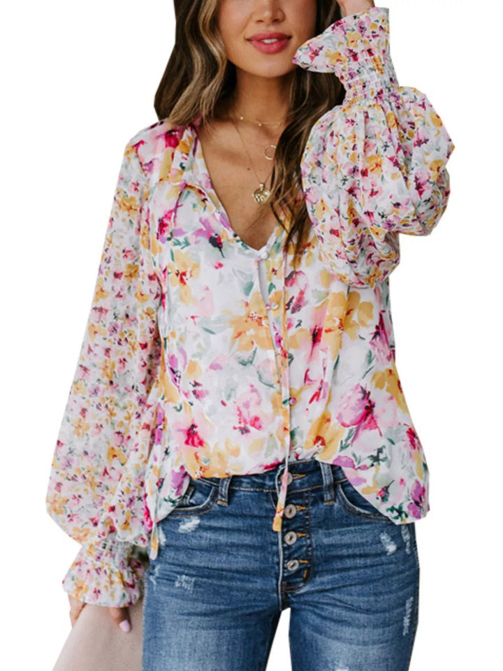 Pink Floral print V-neck button-down blouse with smocked cuffs
