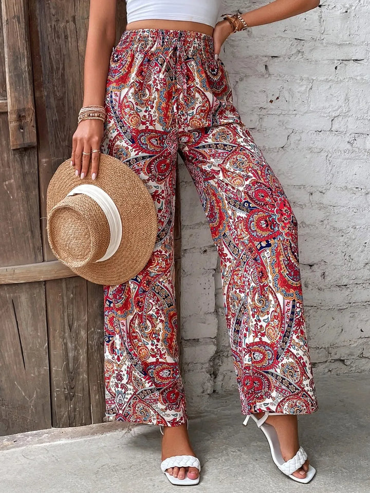 Paisley print wide-leg pants with drawstring waist