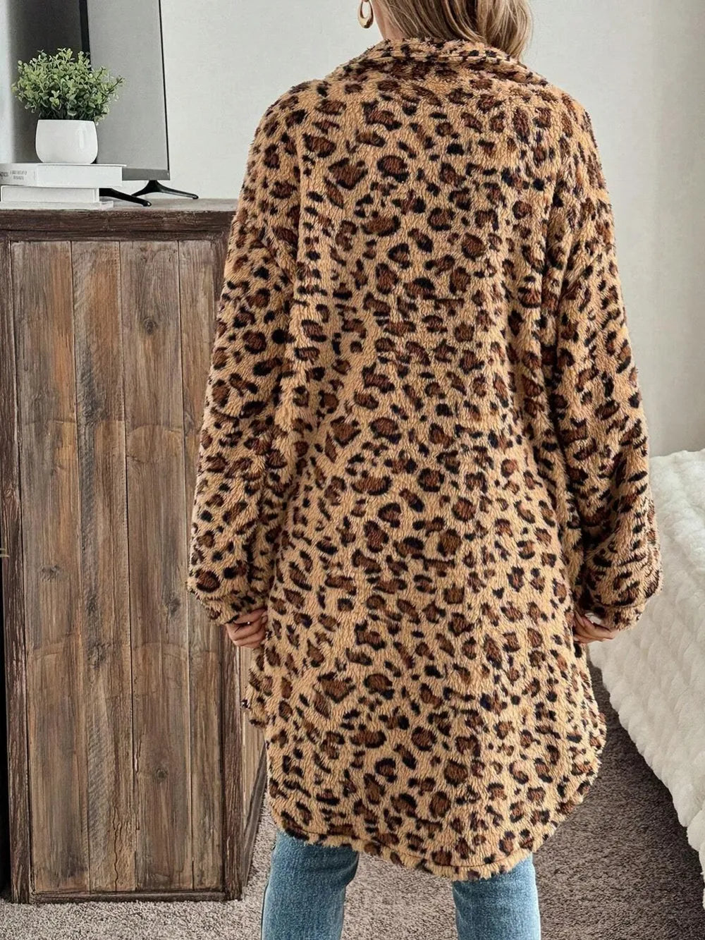 Leopard fuzzy fleece button-up longline coat