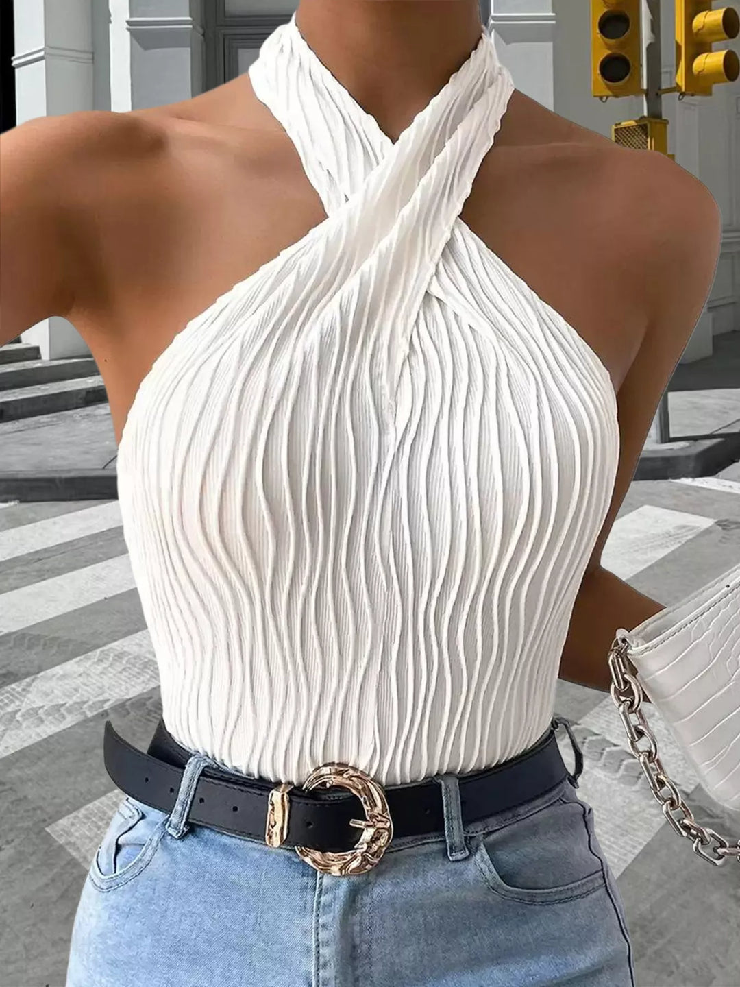 Crossover halter tank top with wave crinkle texture
