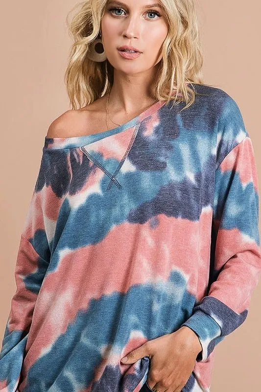 Tie-dye French terry pullover with front stitch detail